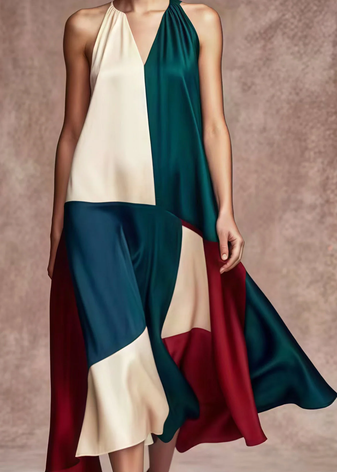 French Colorblock Asymmetrical Patchwork Silk Party Dress Summer - Image 4