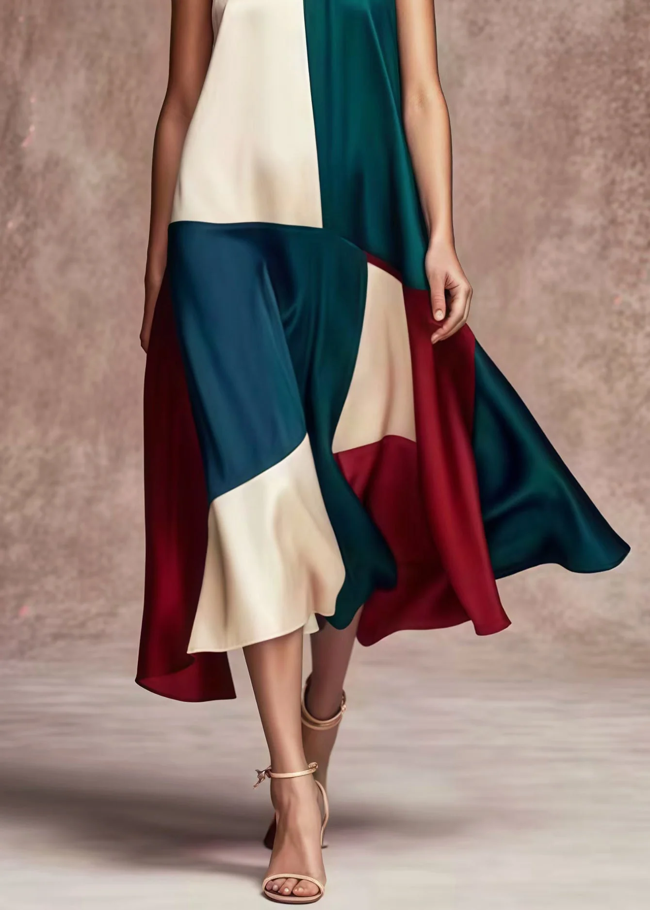 French Colorblock Asymmetrical Patchwork Silk Party Dress Summer - Image 5