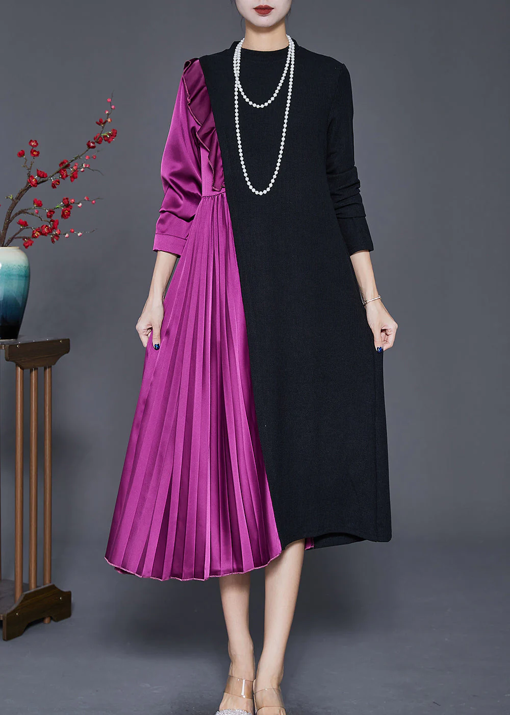 French Colorblock Asymmetrical Patchwork Wrinkled Long Knit Dress Fall - Image 2