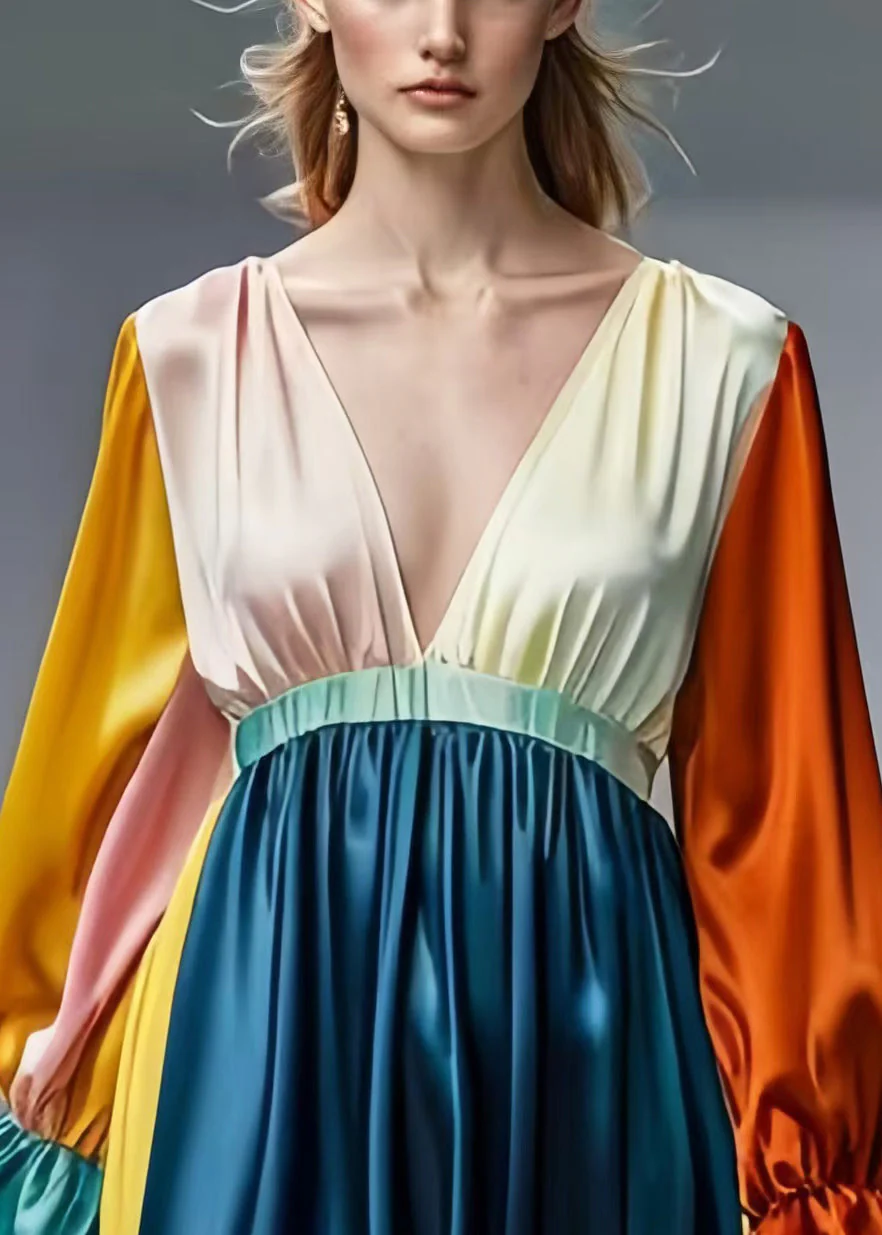 French Colorblock Deep-V Neck Patchwork Draping Silk Dress Spring - Image 3