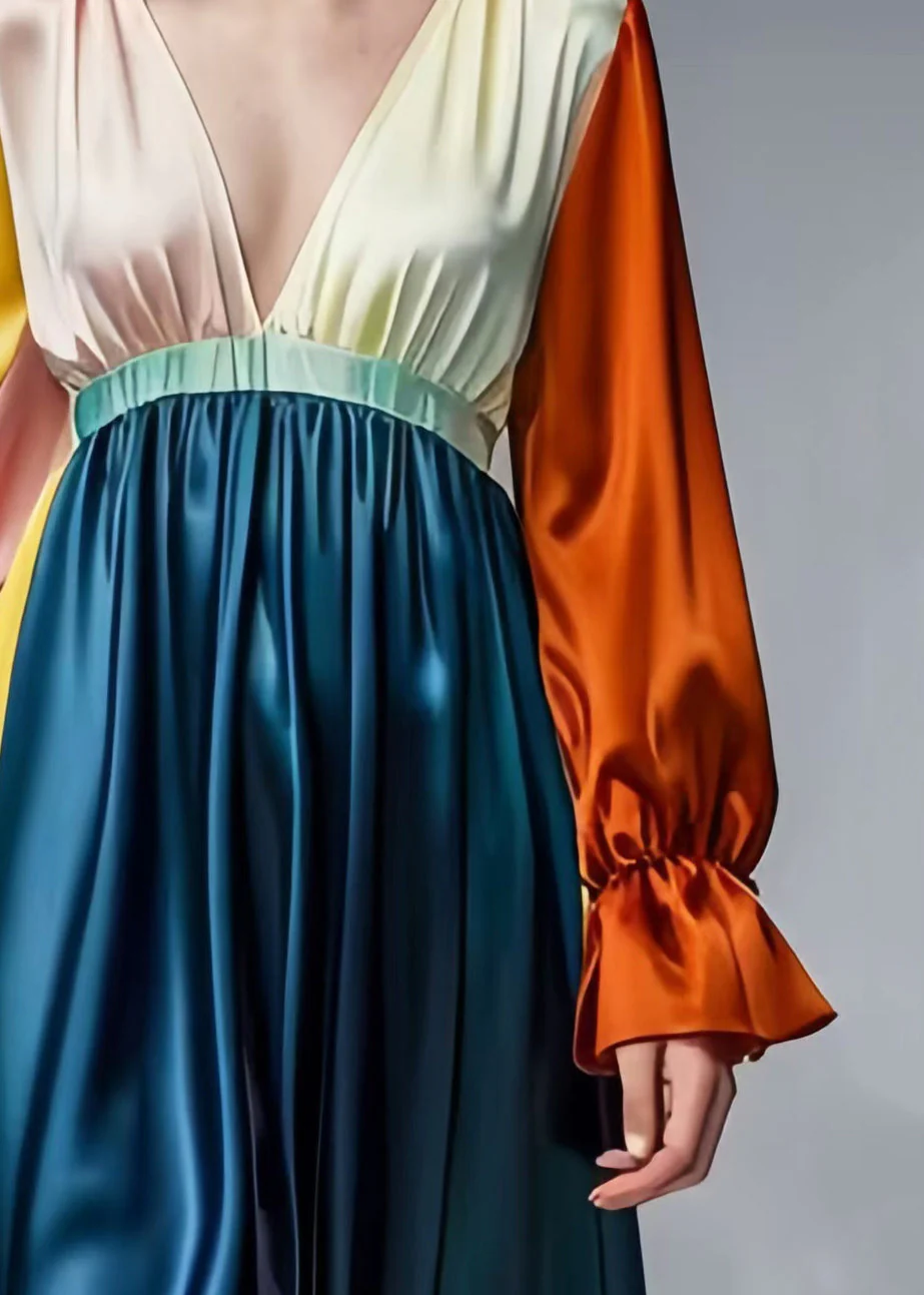 French Colorblock Deep-V Neck Patchwork Draping Silk Dress Spring - Image 4