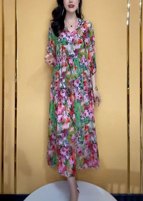 French Colorblock Hooded Print Chiffon Dress Bracelet Sleeve - Image 3