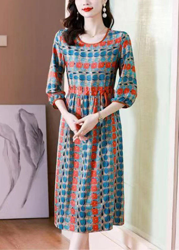French Colorblock O Neck Print Drawstring Patchwork Silk Dresses Summer - Image 2