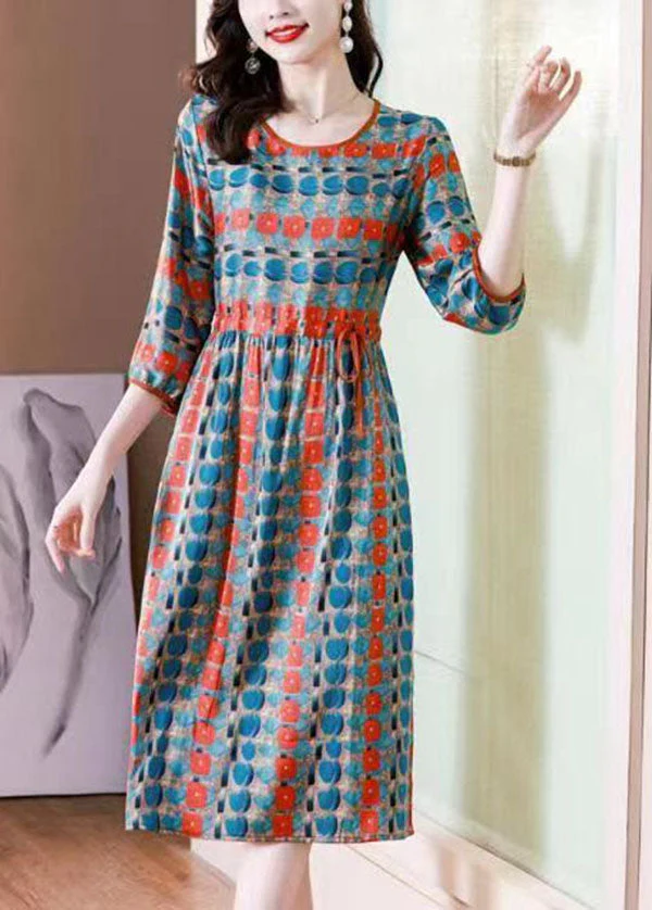 French Colorblock O Neck Print Drawstring Patchwork Silk Dresses Summer - Image 3