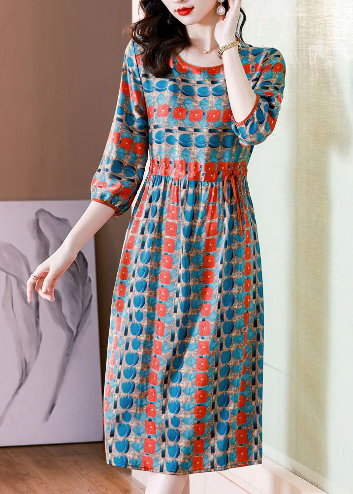 French Colorblock O Neck Print Drawstring Patchwork Silk Dresses Summer - Image 4