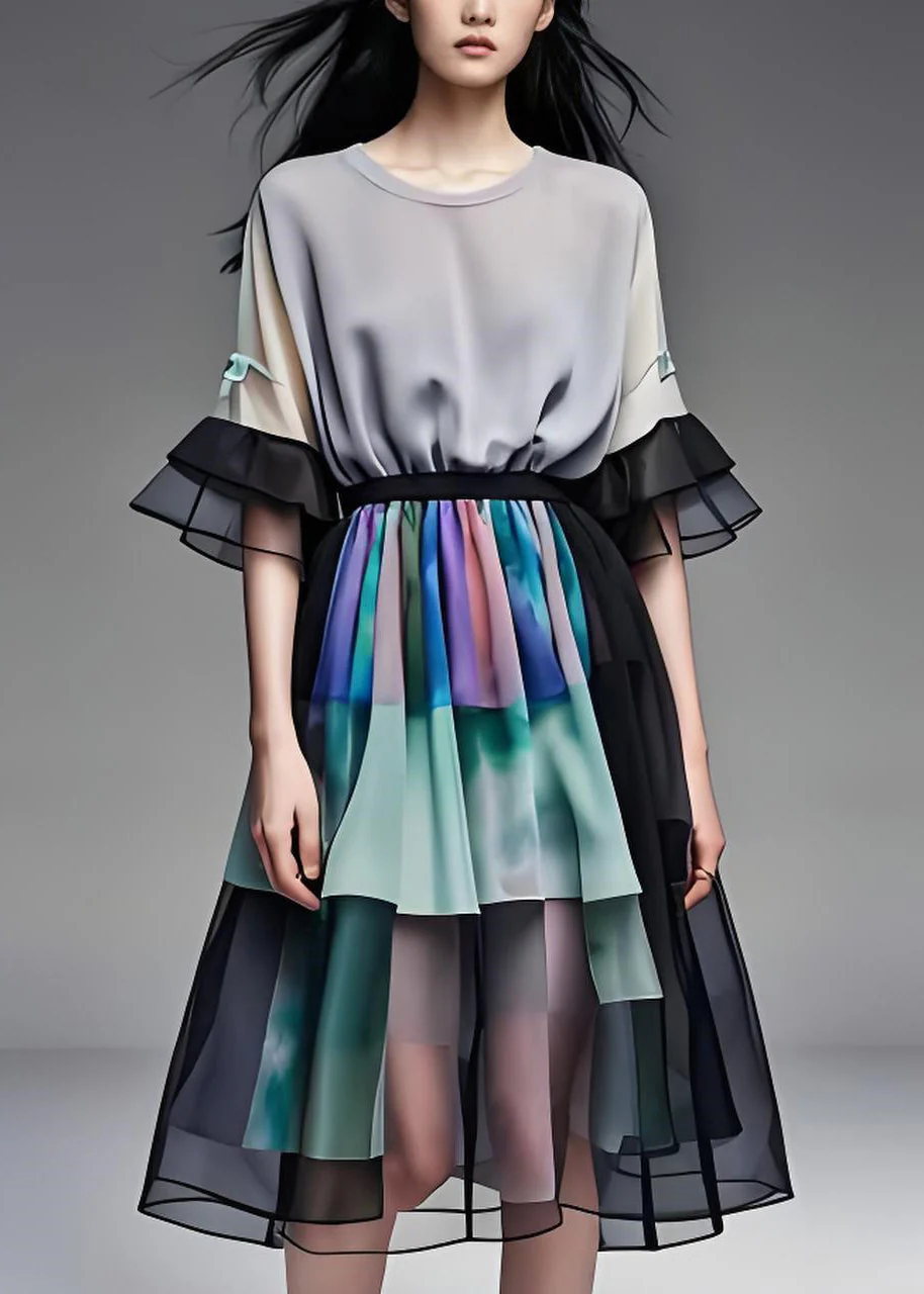 French Colorblock O Neck Wrinkled Patchwork Chiffon Dress Summer - Image 2