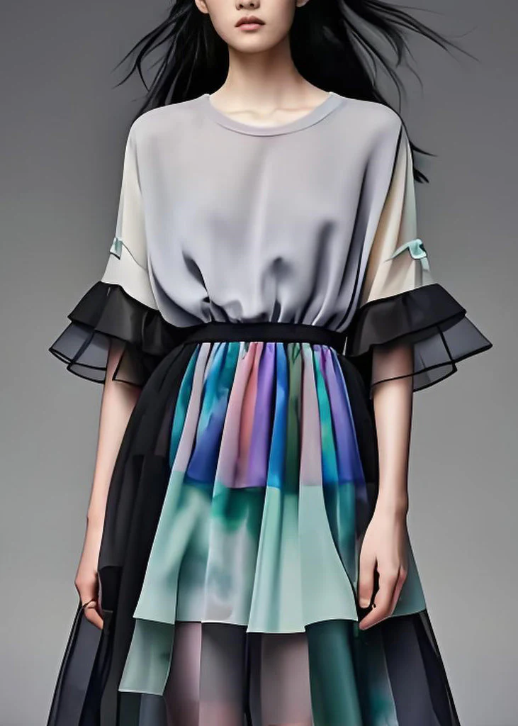 French Colorblock O Neck Wrinkled Patchwork Chiffon Dress Summer - Image 3