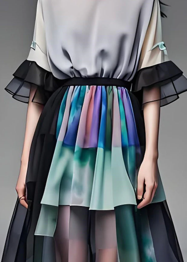 French Colorblock O Neck Wrinkled Patchwork Chiffon Dress Summer - Image 4