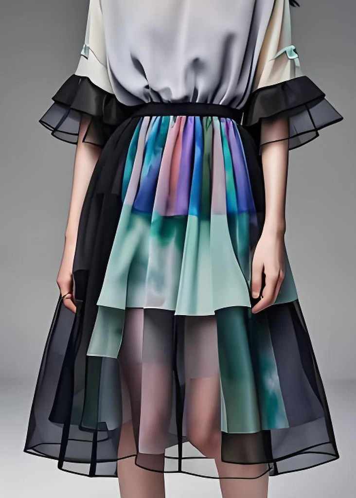 French Colorblock O Neck Wrinkled Patchwork Chiffon Dress Summer - Image 5