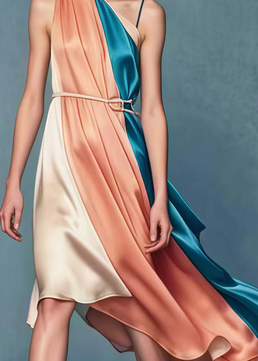 French Colorblock One Shoulder Design Patchwork Silk Vestidos Dress Summer - Image 4
