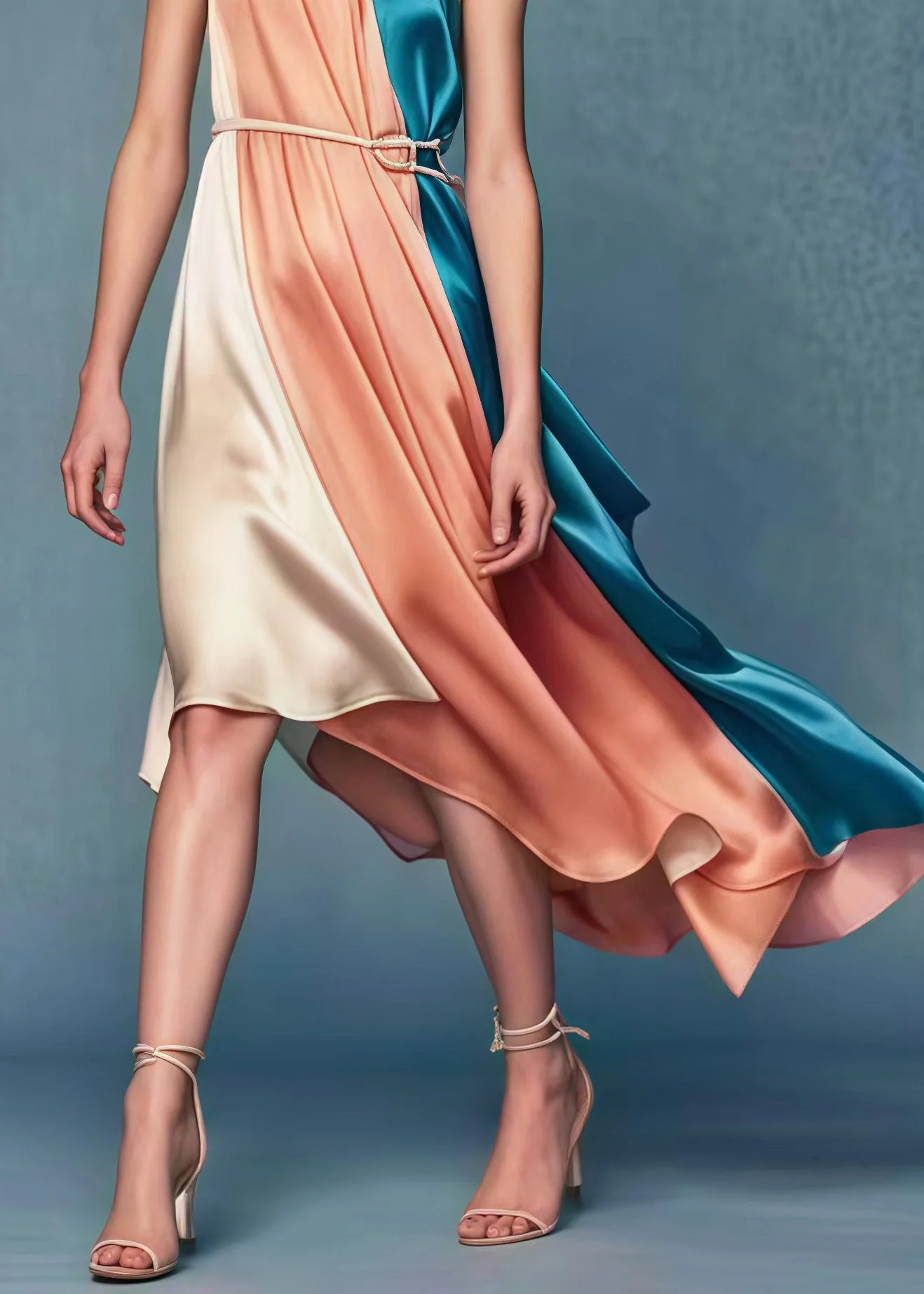 French Colorblock One Shoulder Design Patchwork Silk Vestidos Dress Summer - Image 5
