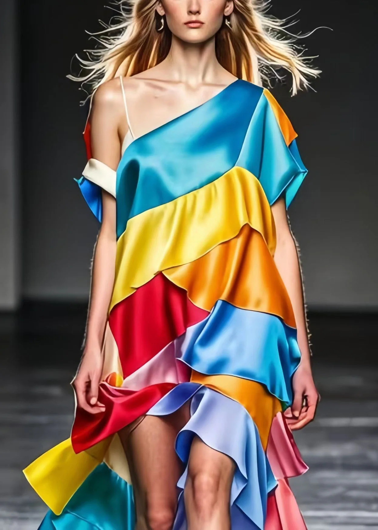 French Colorblock One Shoulder Patchwork Silk Beach Dress Summer - Image 2