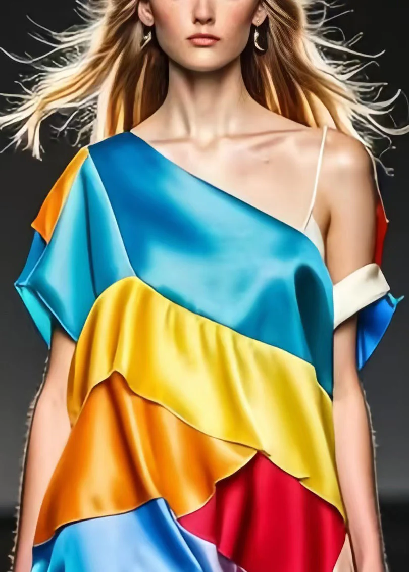 French Colorblock One Shoulder Patchwork Silk Beach Dress Summer - Image 3