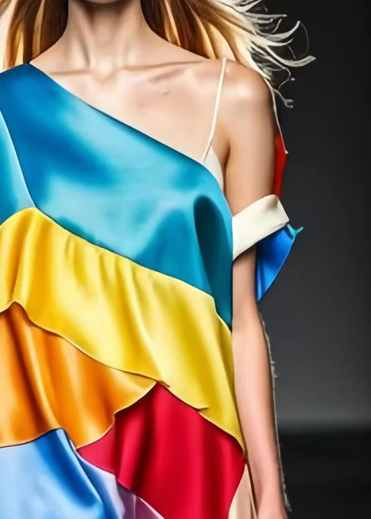 French Colorblock One Shoulder Patchwork Silk Beach Dress Summer - Image 4