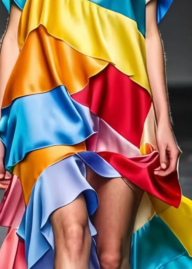 French Colorblock One Shoulder Patchwork Silk Beach Dress Summer - Image 5