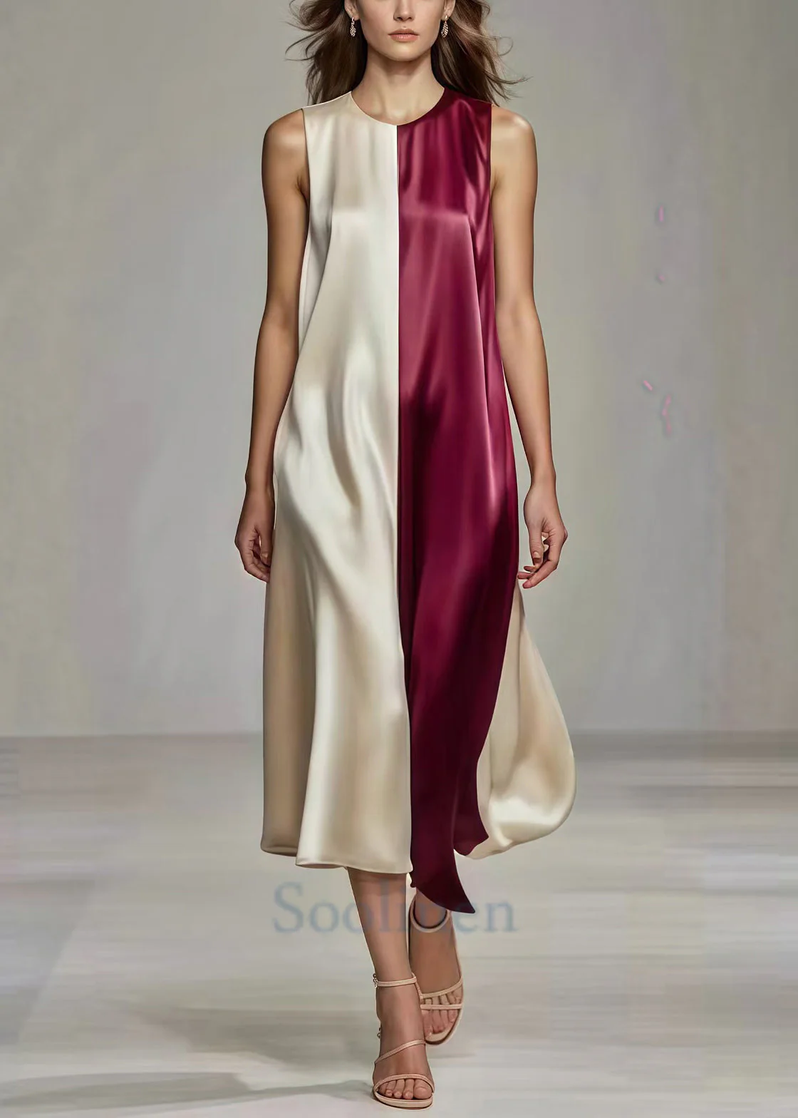 French Colorblock Oversized Patchwork Silk Long Dress Summer - Image 2