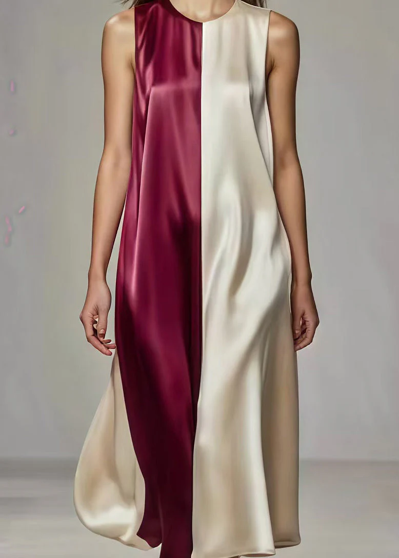 French Colorblock Oversized Patchwork Silk Long Dress Summer - Image 4