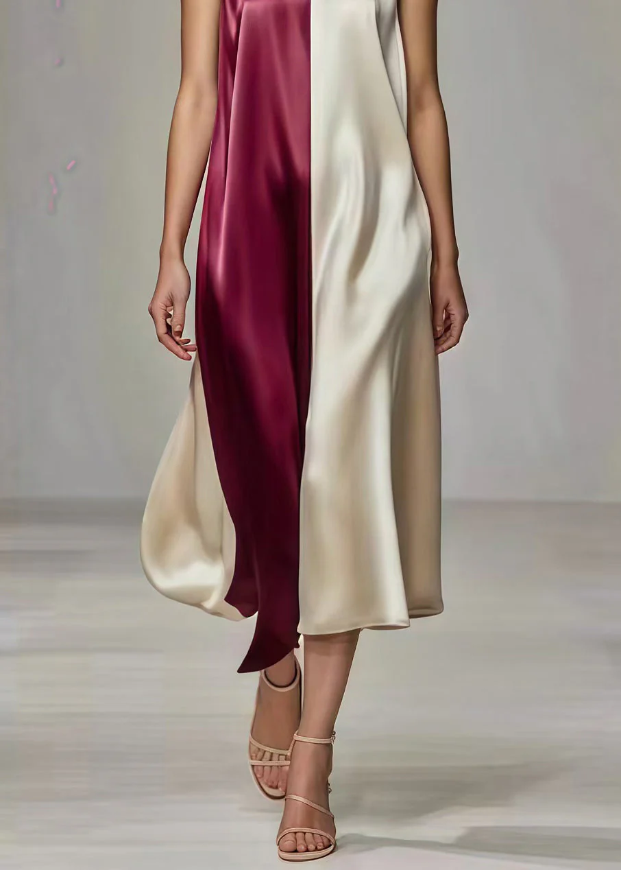 French Colorblock Oversized Patchwork Silk Long Dress Summer - Image 5