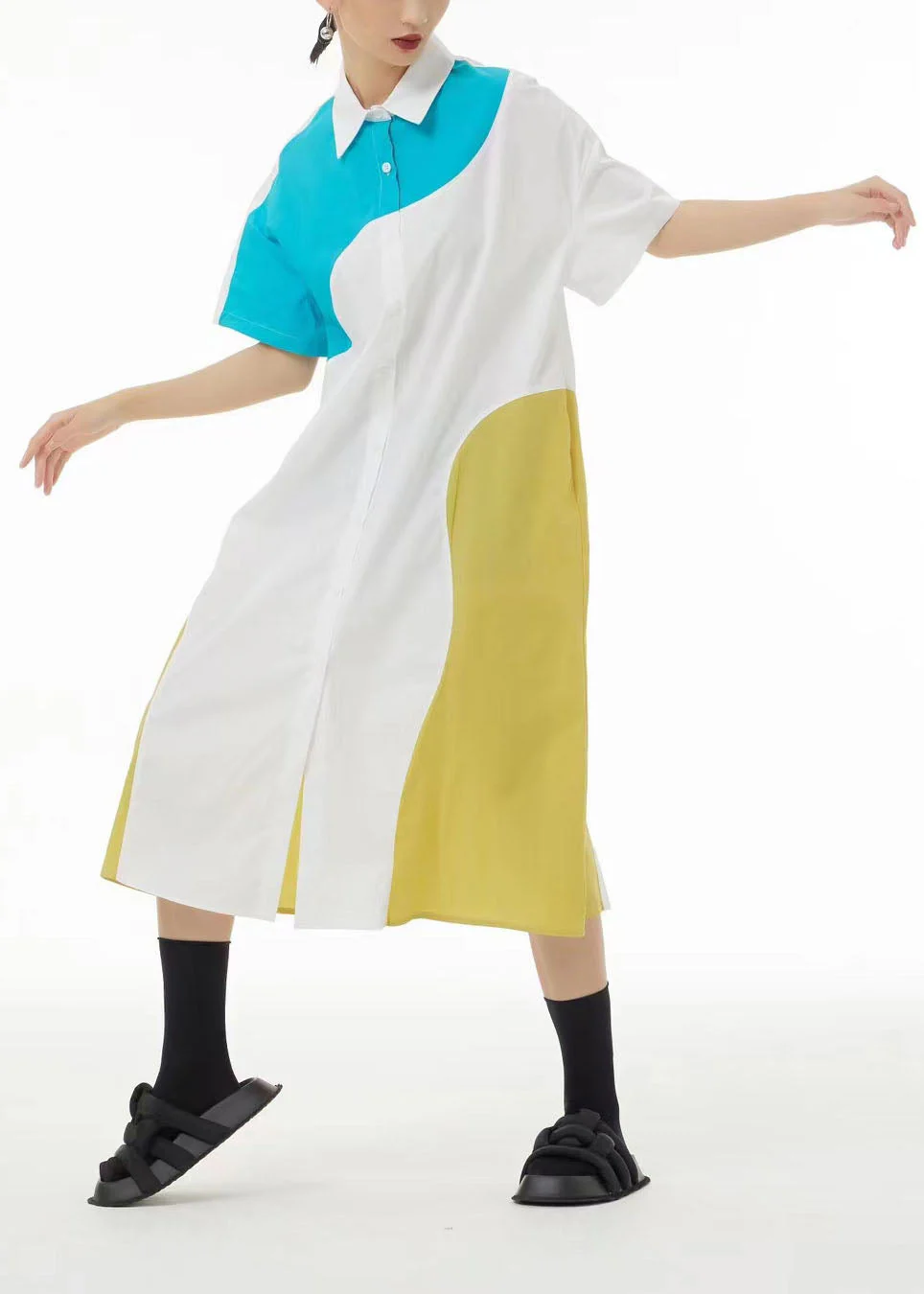 French Colorblock Peter Pan Collar Patchwork Cotton Shirt Dresses Summer - Image 3