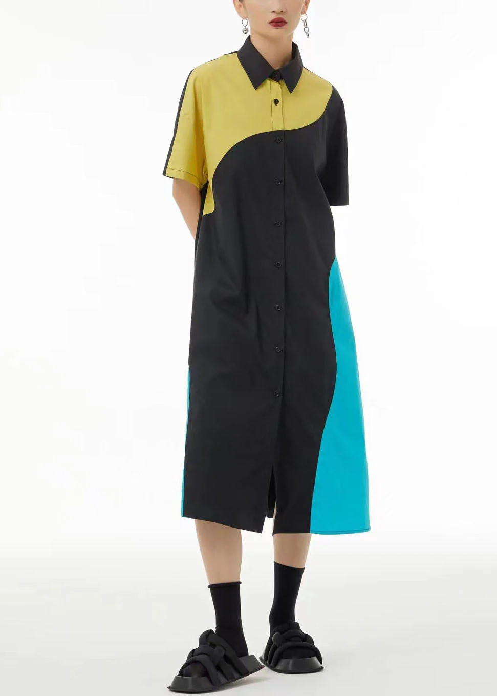 French Colorblock Peter Pan Collar Patchwork Cotton Shirt Dresses Summer - Image 4