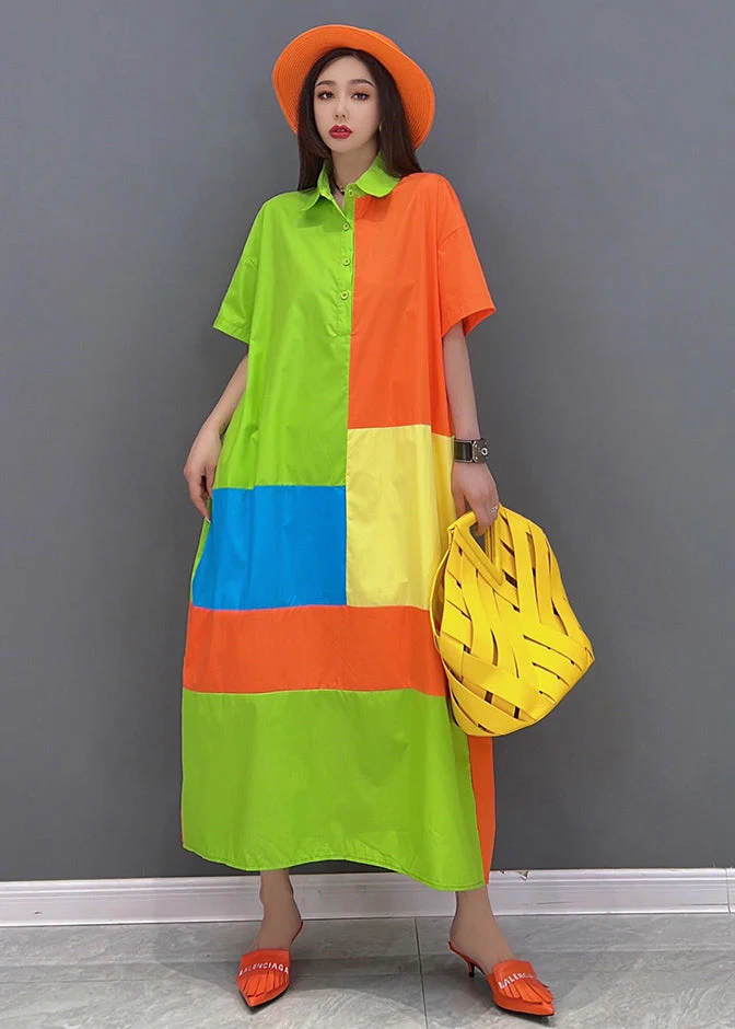 French Colorblock Peter Pan Collar Patchwork Cotton Streetwear Dresses Short Sleeve - Image 2