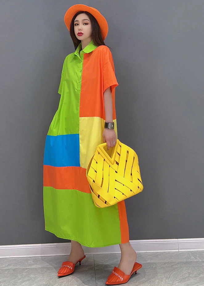 French Colorblock Peter Pan Collar Patchwork Cotton Streetwear Dresses Short Sleeve - Image 3