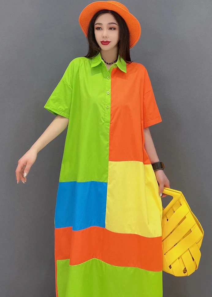 French Colorblock Peter Pan Collar Patchwork Cotton Streetwear Dresses Short Sleeve - Image 5