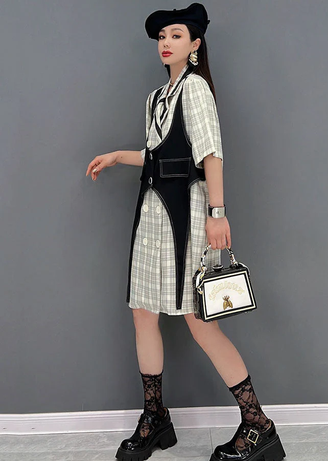 French Colorblock Peter Pan Collar Patchwork Plaid Cotton Fake Two Piece Dresses Short Sleeve - Image 4