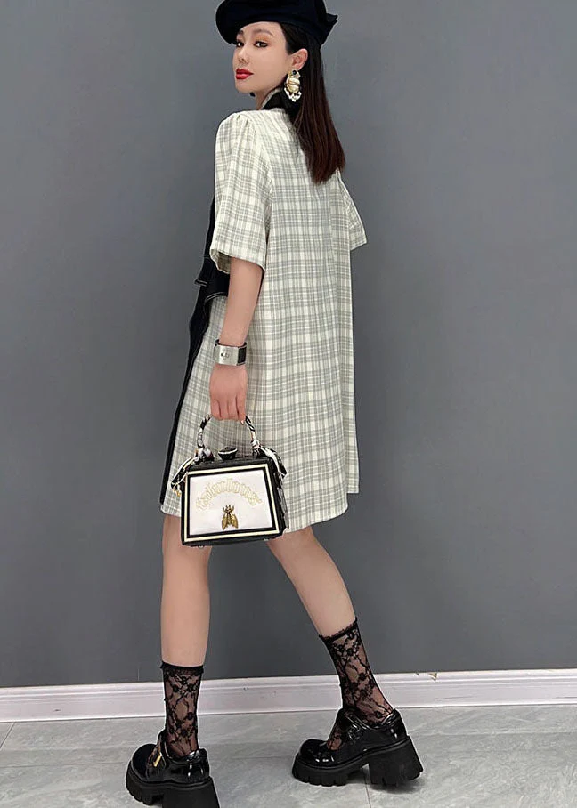 French Colorblock Peter Pan Collar Patchwork Plaid Cotton Fake Two Piece Dresses Short Sleeve - Image 5