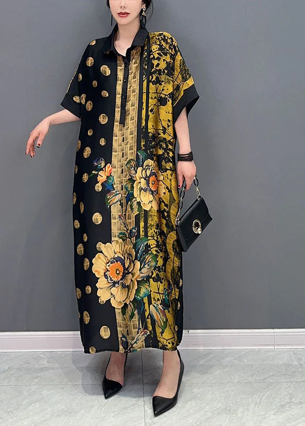 French Colorblock Peter Pan Collar Print Silk Maxi Dresses Summer - Image 2