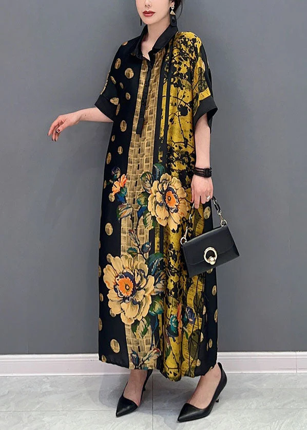 French Colorblock Peter Pan Collar Print Silk Maxi Dresses Summer - Image 3