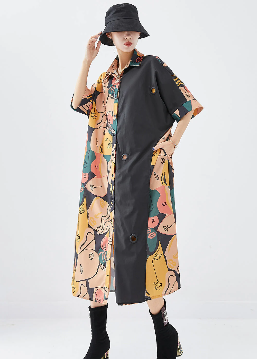 French Colorblock Print Patchwork Side Open Cotton Dresses Fall - Image 2