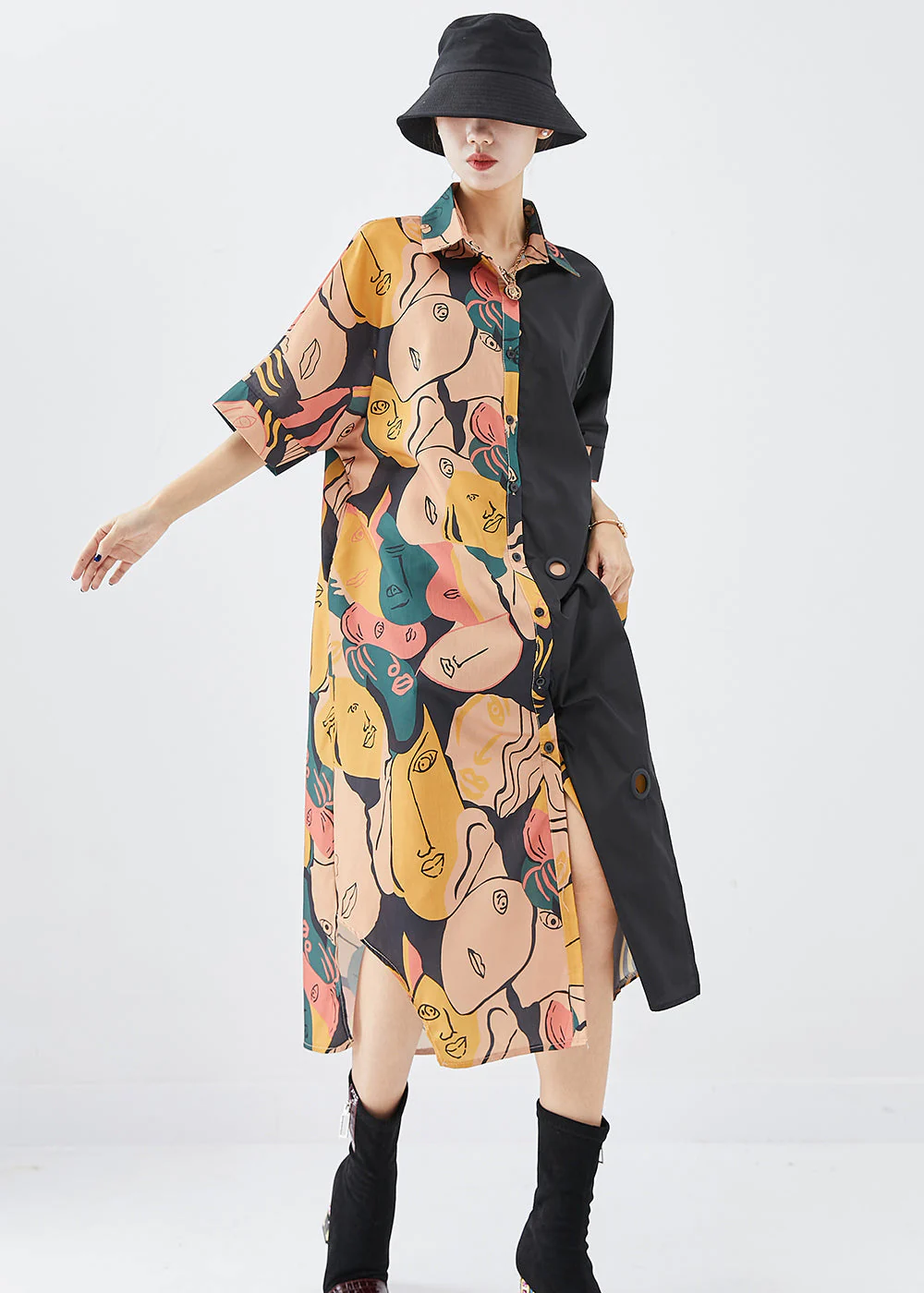 French Colorblock Print Patchwork Side Open Cotton Dresses Fall - Image 3