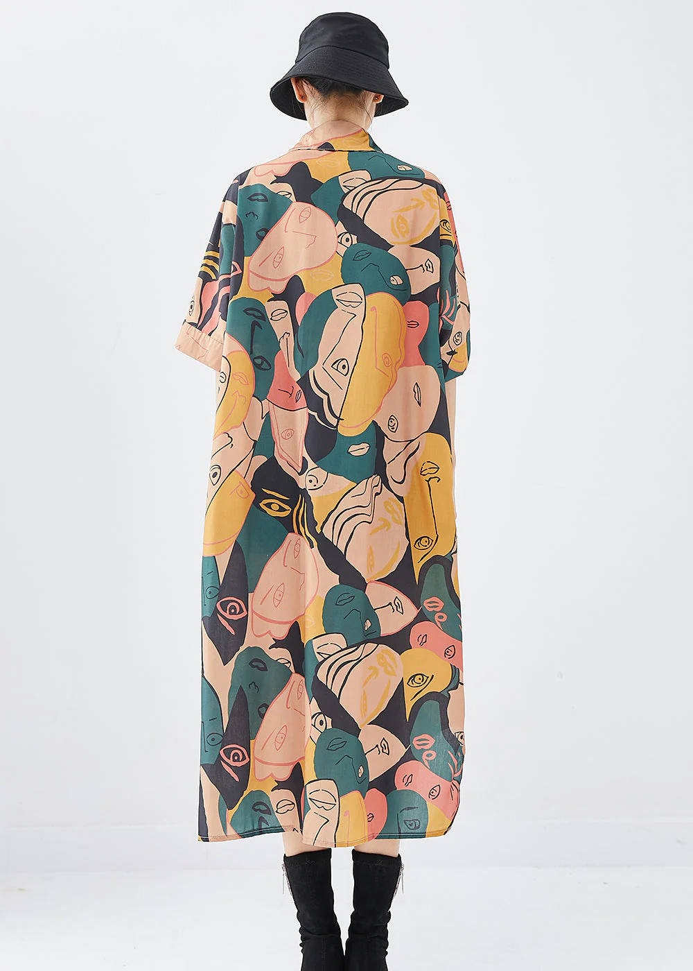 French Colorblock Print Patchwork Side Open Cotton Dresses Fall - Image 4
