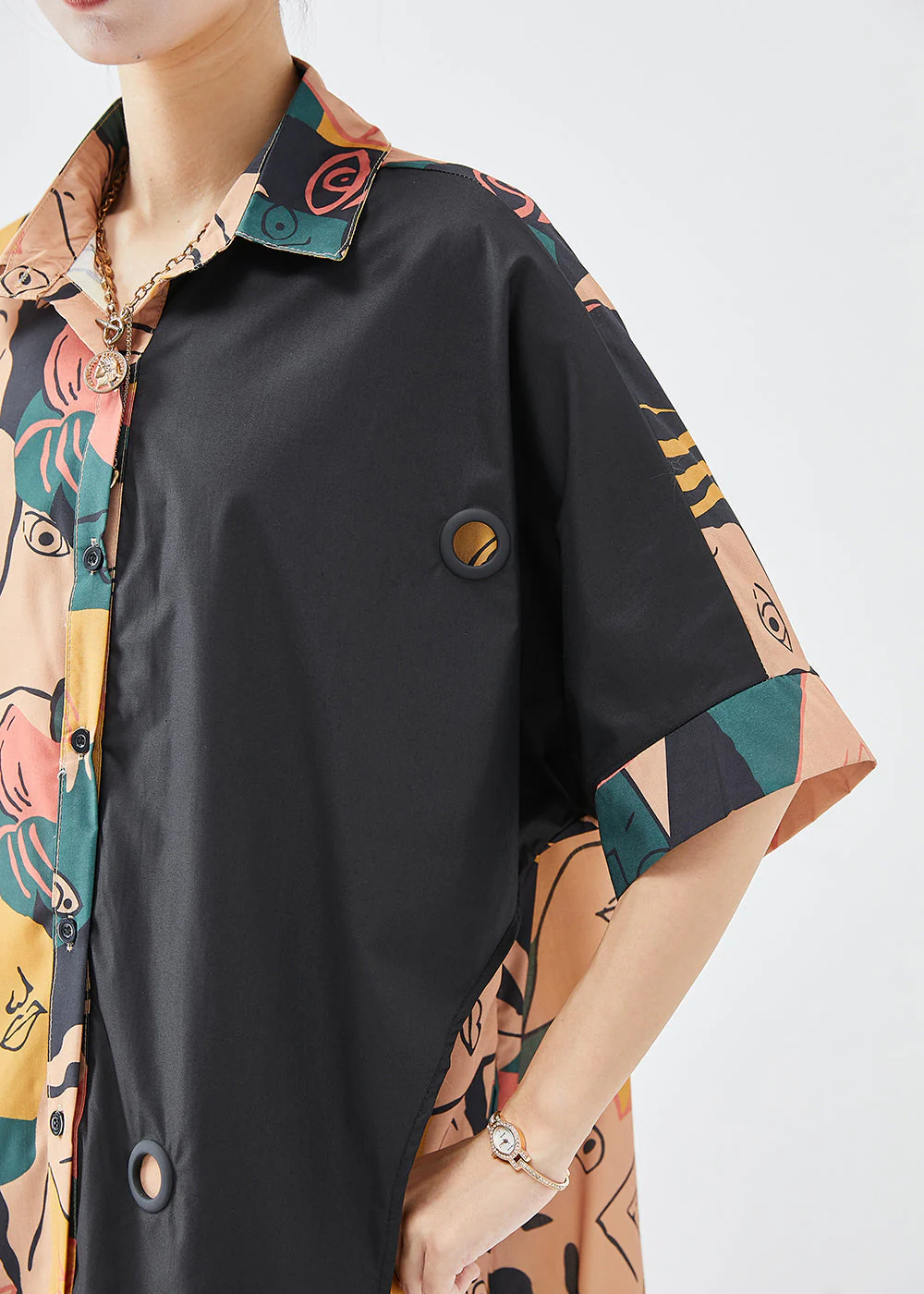French Colorblock Print Patchwork Side Open Cotton Dresses Fall - Image 5
