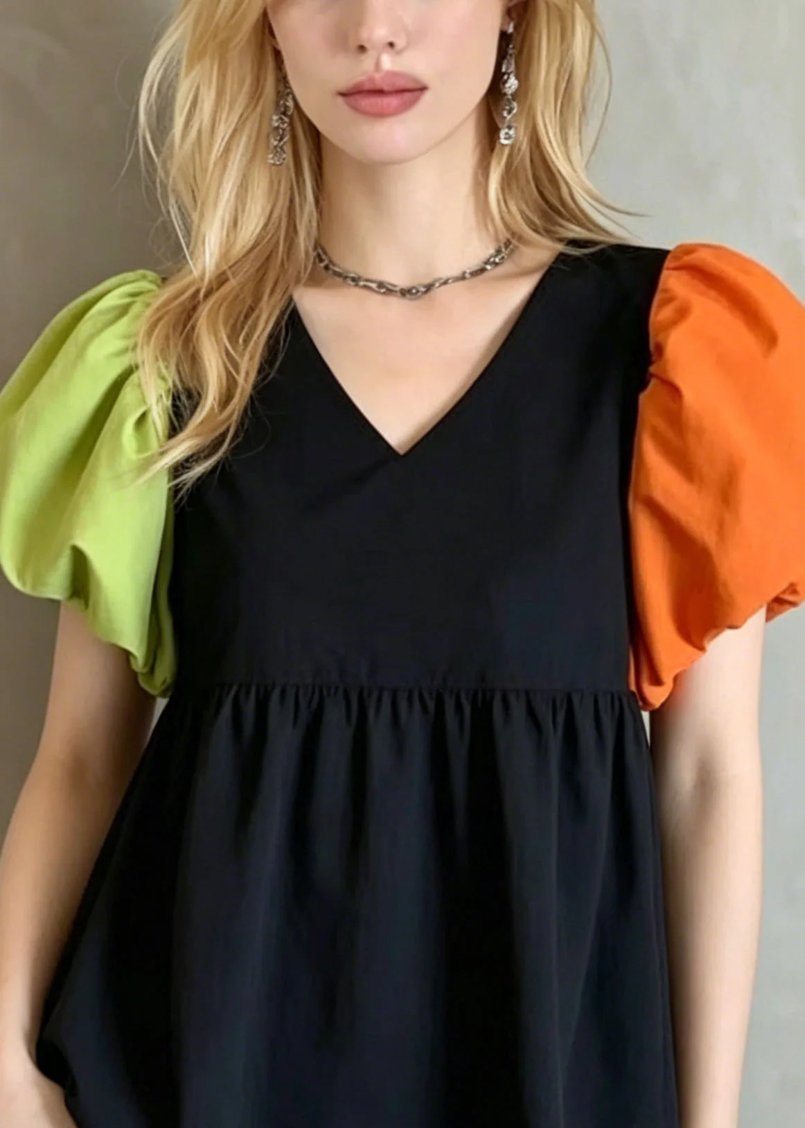 French Colorblock Puff Sleeve Patchwork Cotton Shirt Top - Image 2