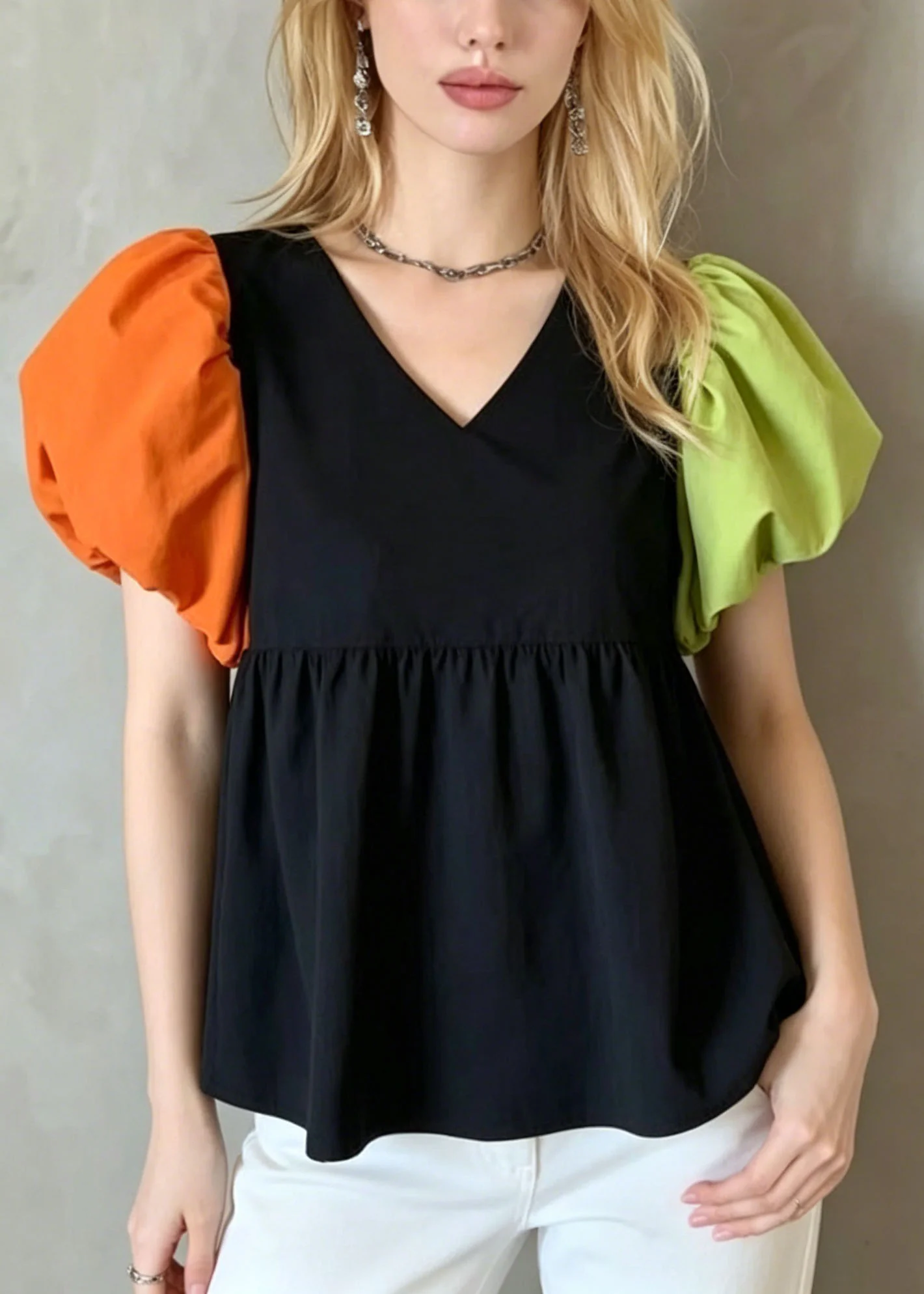 French Colorblock Puff Sleeve Patchwork Cotton Shirt Top - Image 3