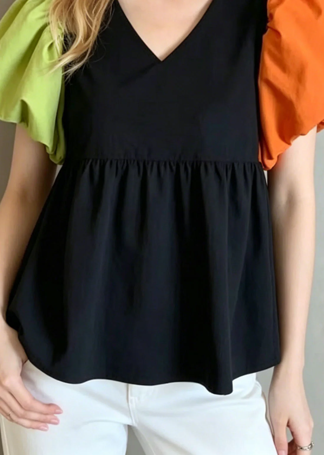 French Colorblock Puff Sleeve Patchwork Cotton Shirt Top - Image 4