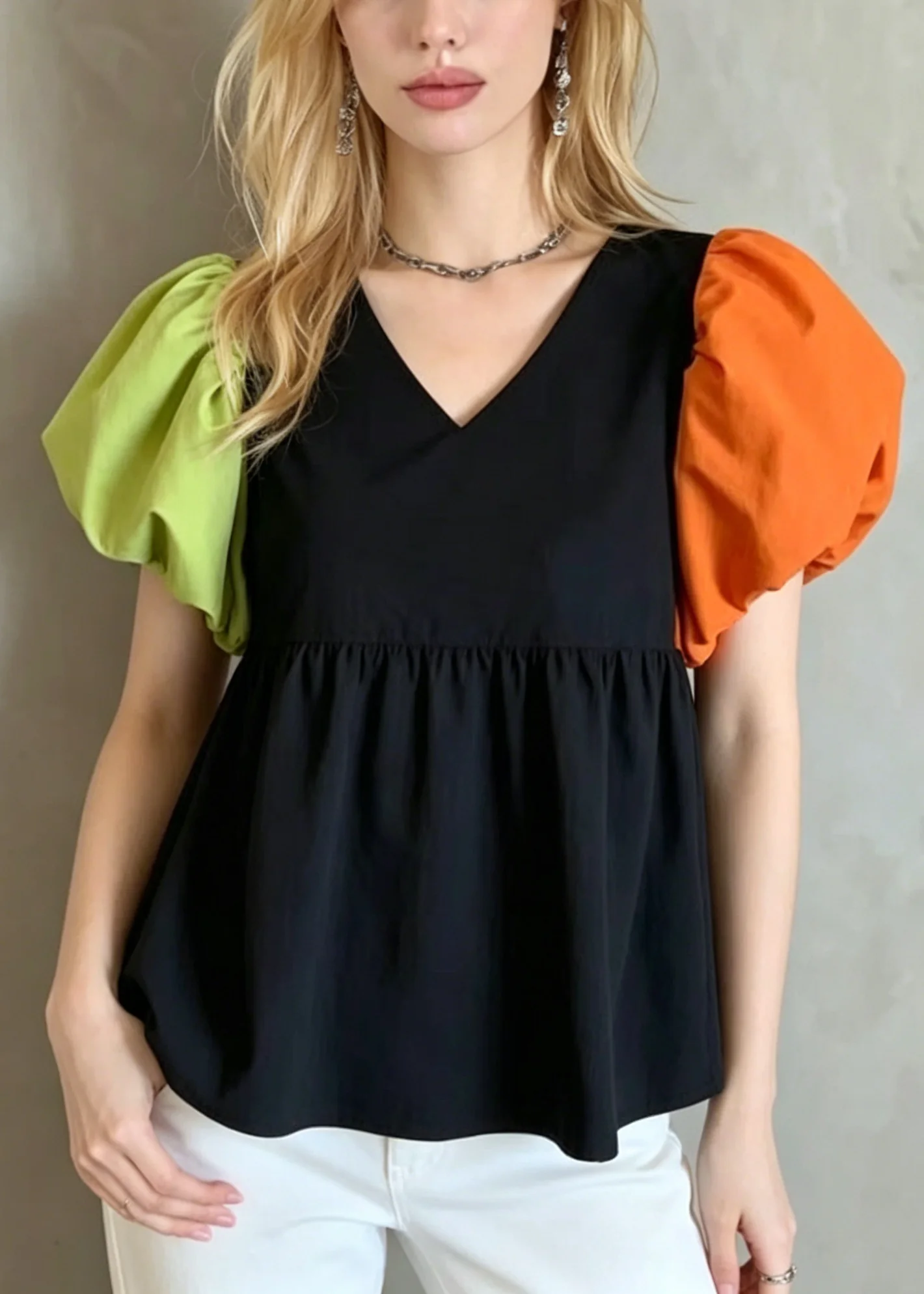 French Colorblock Puff Sleeve Patchwork Cotton Shirt Top - Image 5