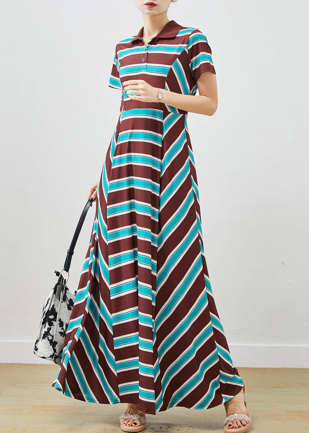 French Colorblock Striped Exra Large Hem Cotton Maxi Dress Spring - Image 2