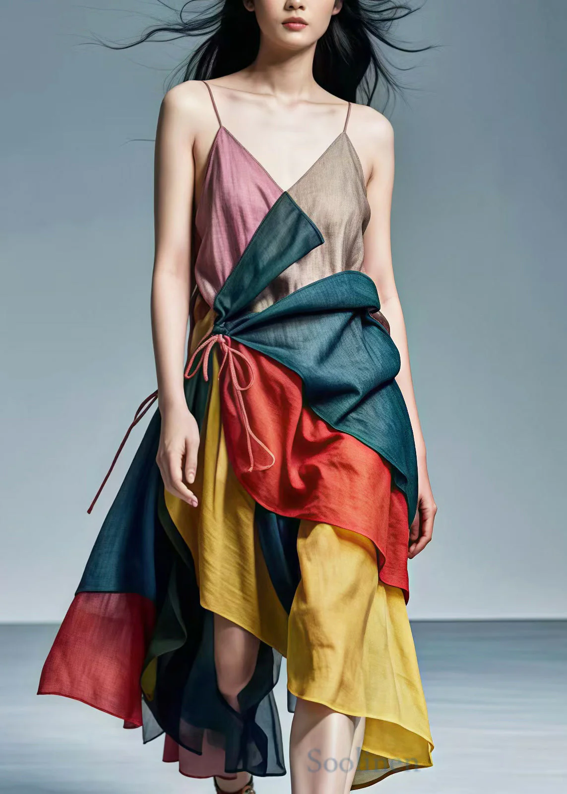 French Colorblock Tie Waist Patchwork Cotton Spaghetti Strap Dress Summer - Image 2