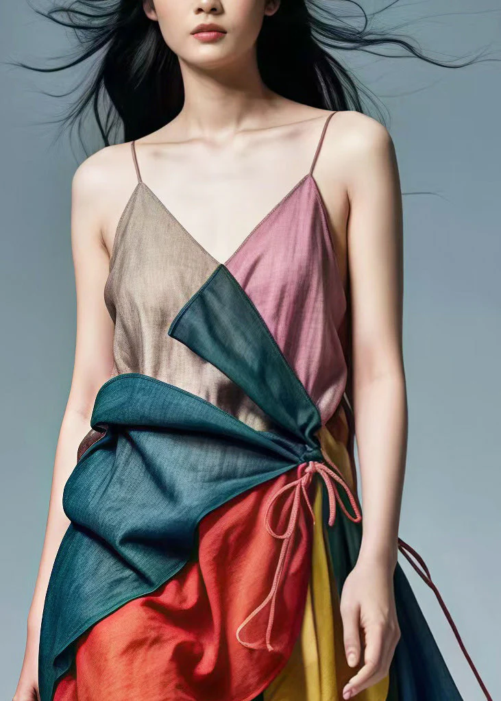 French Colorblock Tie Waist Patchwork Cotton Spaghetti Strap Dress Summer - Image 3