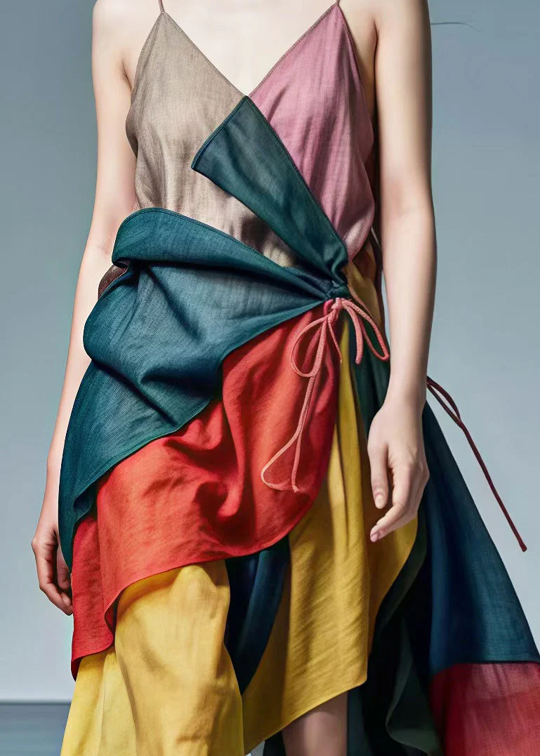 French Colorblock Tie Waist Patchwork Cotton Spaghetti Strap Dress Summer - Image 4