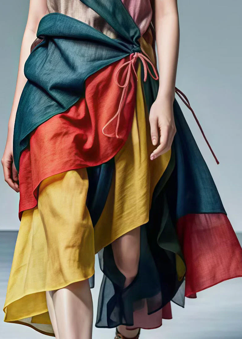 French Colorblock Tie Waist Patchwork Cotton Spaghetti Strap Dress Summer - Image 5
