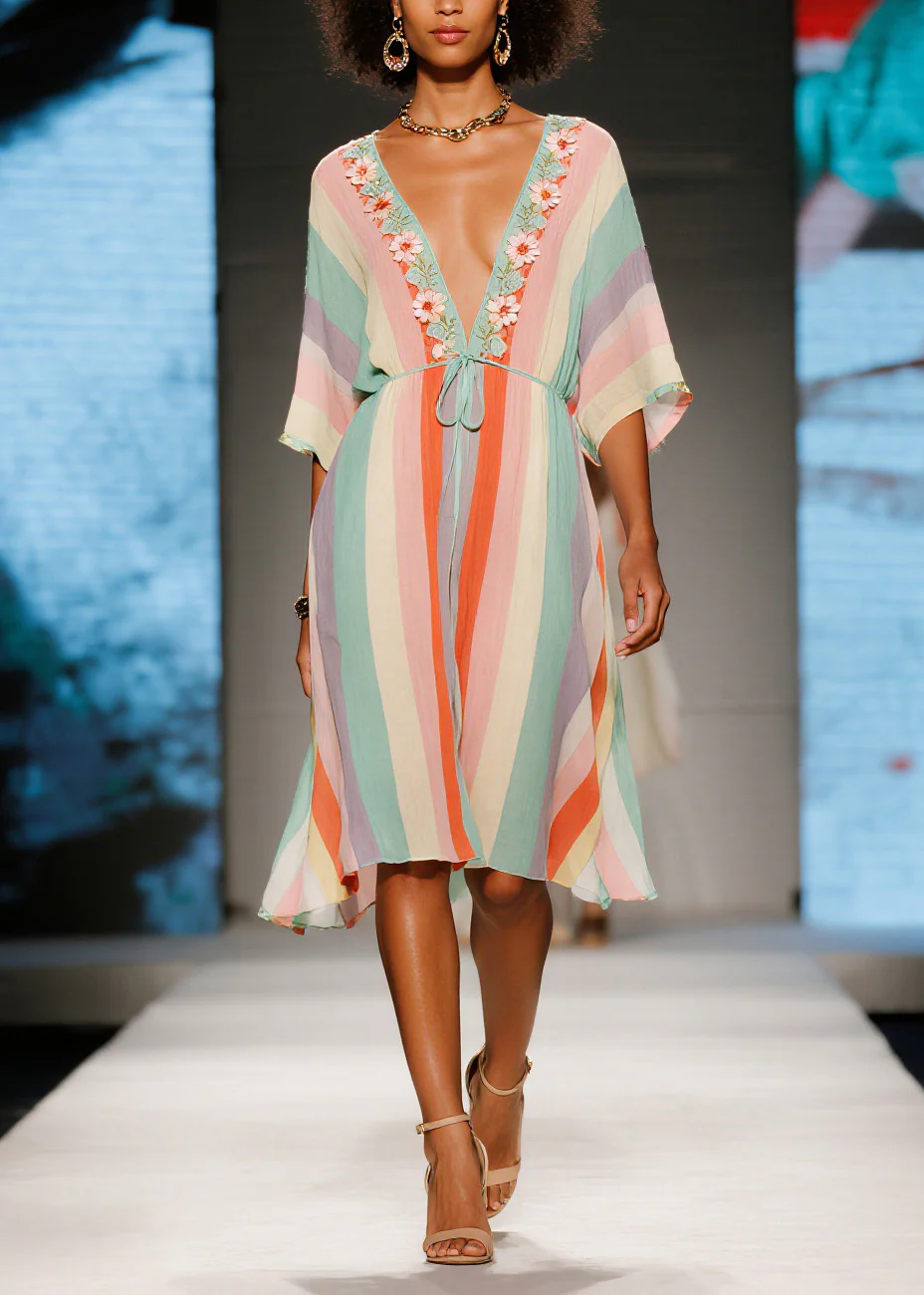 French Colorblock V Neck Floral Cotton Mid Dresses Summer - Image 3