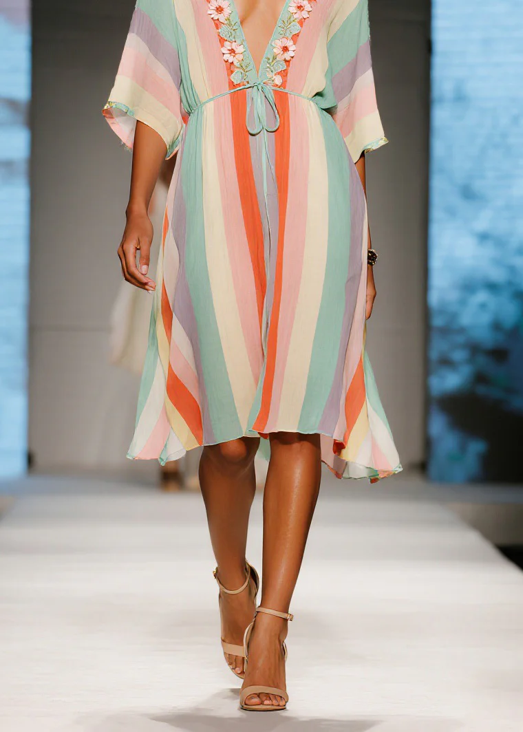 French Colorblock V Neck Floral Cotton Mid Dresses Summer - Image 4