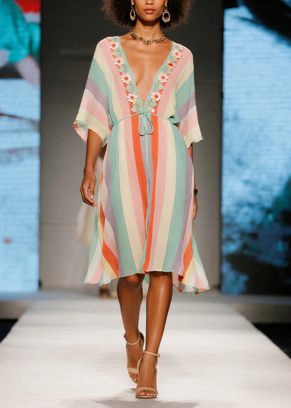 French Colorblock V Neck Floral Cotton Mid Dresses Summer - Image 5