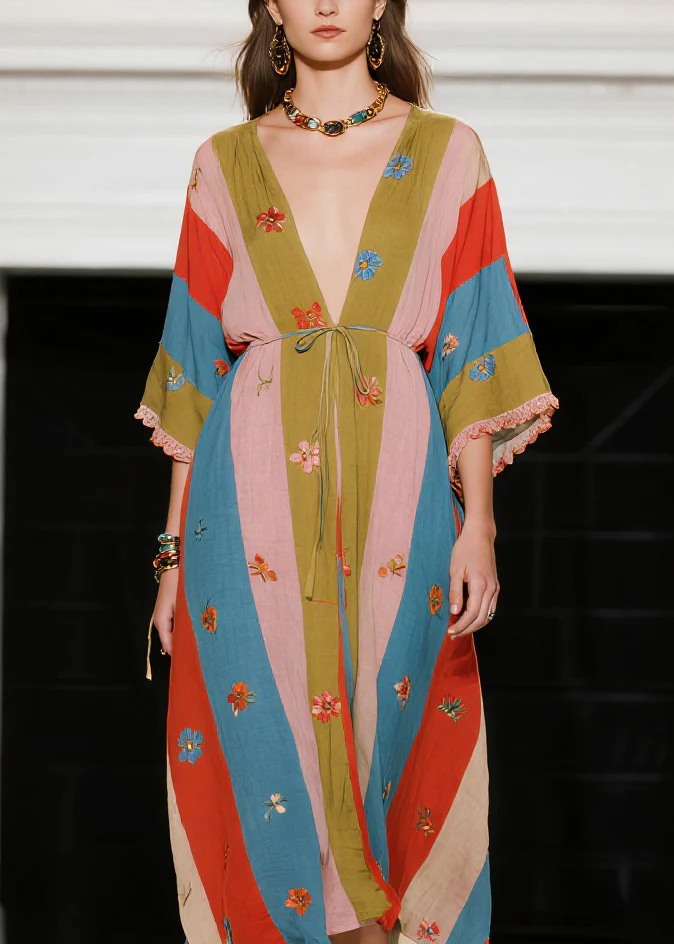 French Colorblock V Neck Floral Patchwork Cotton Dress Summer - Image 2