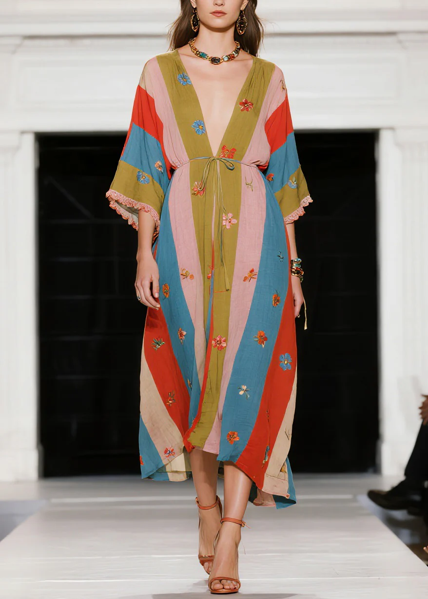 French Colorblock V Neck Floral Patchwork Cotton Dress Summer - Image 3