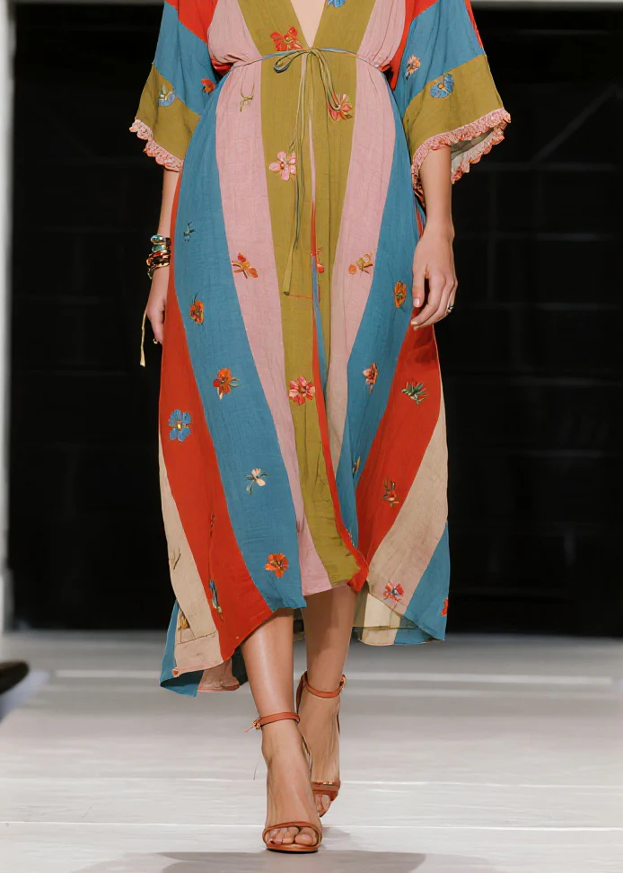 French Colorblock V Neck Floral Patchwork Cotton Dress Summer - Image 4